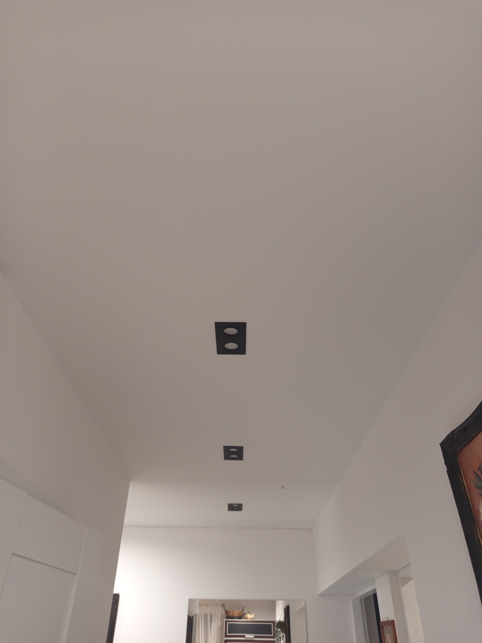 Minimalistyczne, czarne oprawy oświetleniowe sufitowe, rozmieszczone w rzędzie wzdłuż białego sufitu korytarza. W tle widoczny fragment obrazu i wnętrze mieszkania.