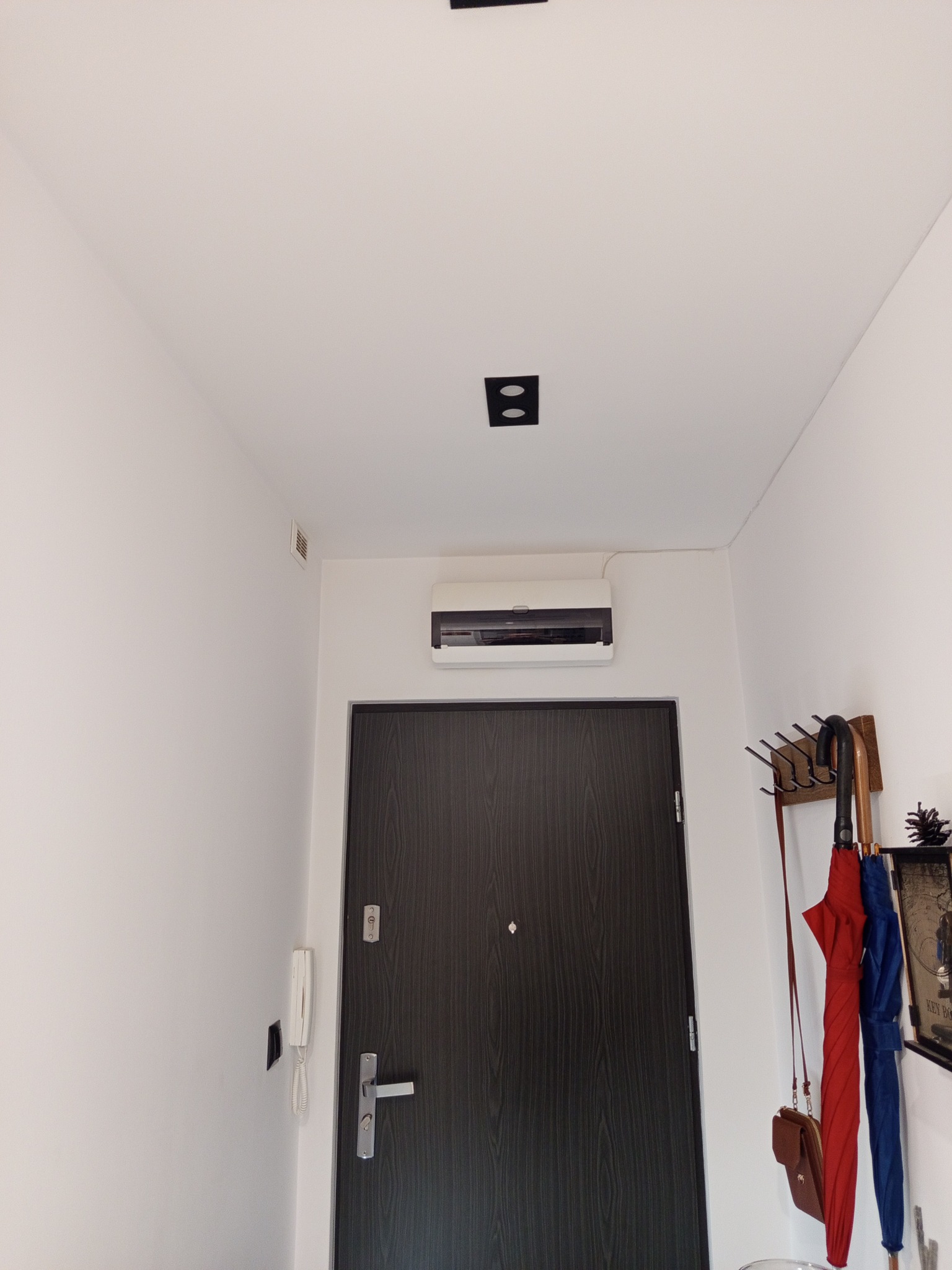 Nowoczesny przedpokój z białymi ścianami, ciemnymi drzwiami i punktowym oświetleniem sufitowym. Widoczny klimatyzator nad drzwiami i wieszak na parasole.