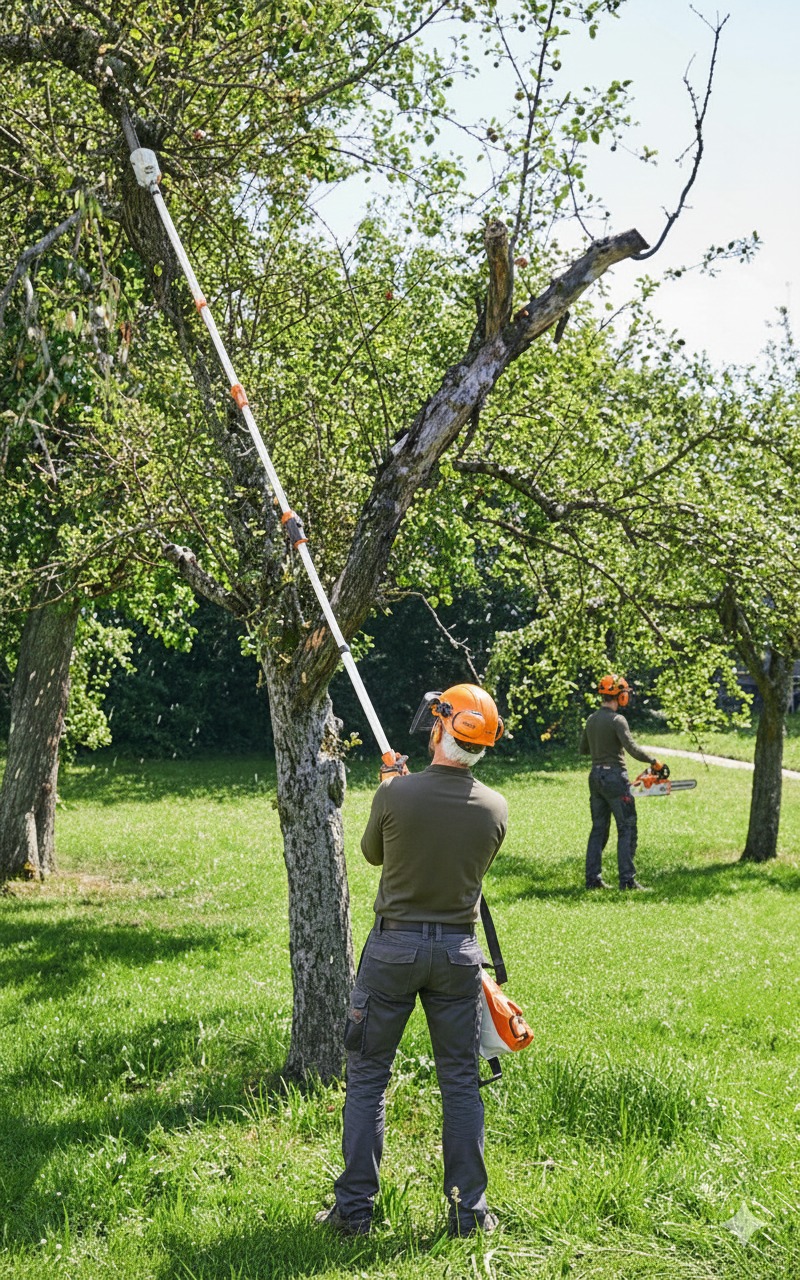 Arborysta w kasku przycina gałęzie drzewa za pomocą wysięgnika z piłą łańcuchową. Drugi pracownik z piłą w tle. Słoneczny dzień, zielony trawnik.
