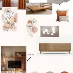 Moodboard koncepcyjny wnętrza
Spójna koncepcja kolorystyczna i styl. Moodboard pokazuje kierunek aranżacji, klimat wnętrza oraz proponowane elementy wyposażenia i dekoracji przed wdrożeniem projektu.