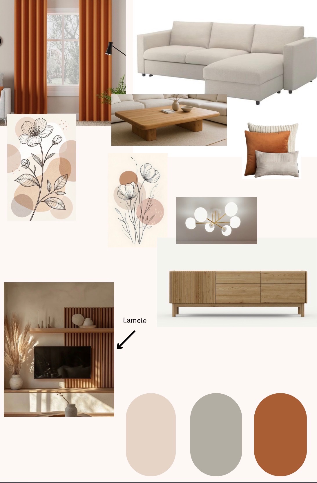 Koncepcja aranżacji wnętrza: moodboard z sofą, stolikiem, lampą, komodą, zasłonami i paletą kolorów w odcieniach beżu i brązu. Grafiki kwiatowe dodają subtelności.