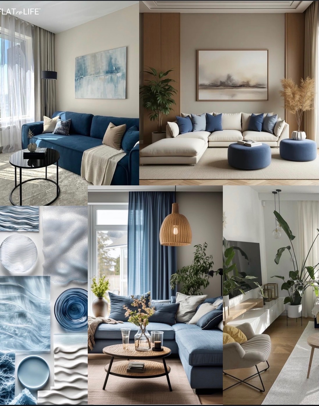 Moodboard z wizualizacjami eleganckich stref dziennych: sofa w odcieniach błękitu, beżowe ściany, obrazy, rośliny doniczkowe, okrągłe stoliki kawowe i dekoracyjne poduszki.