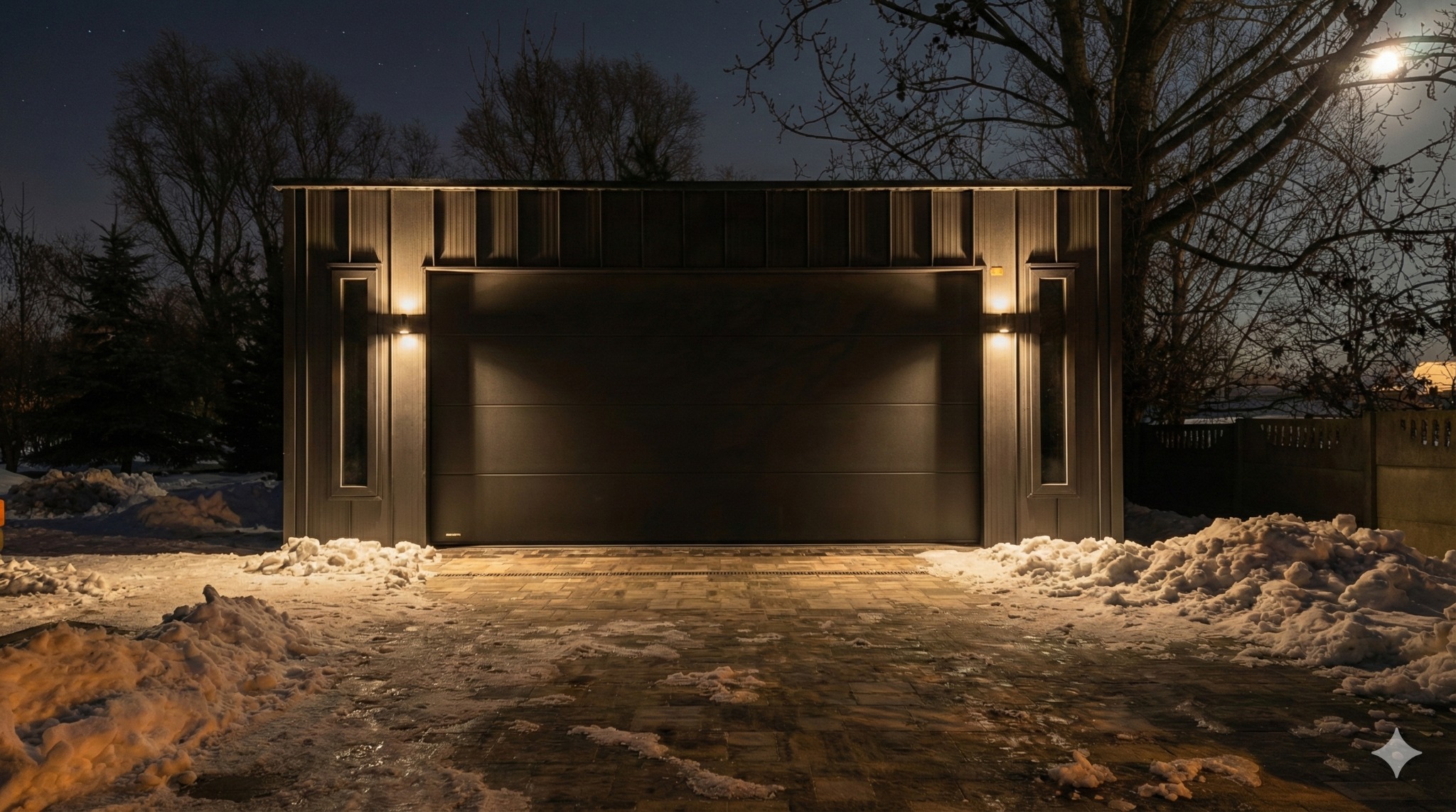 Nowoczesny garaż z bramą segmentową, oświetlony lampami elewacyjnymi, na tle zimowego krajobrazu i nocnego nieba. Widoczny podjazd z kostki brukowej.