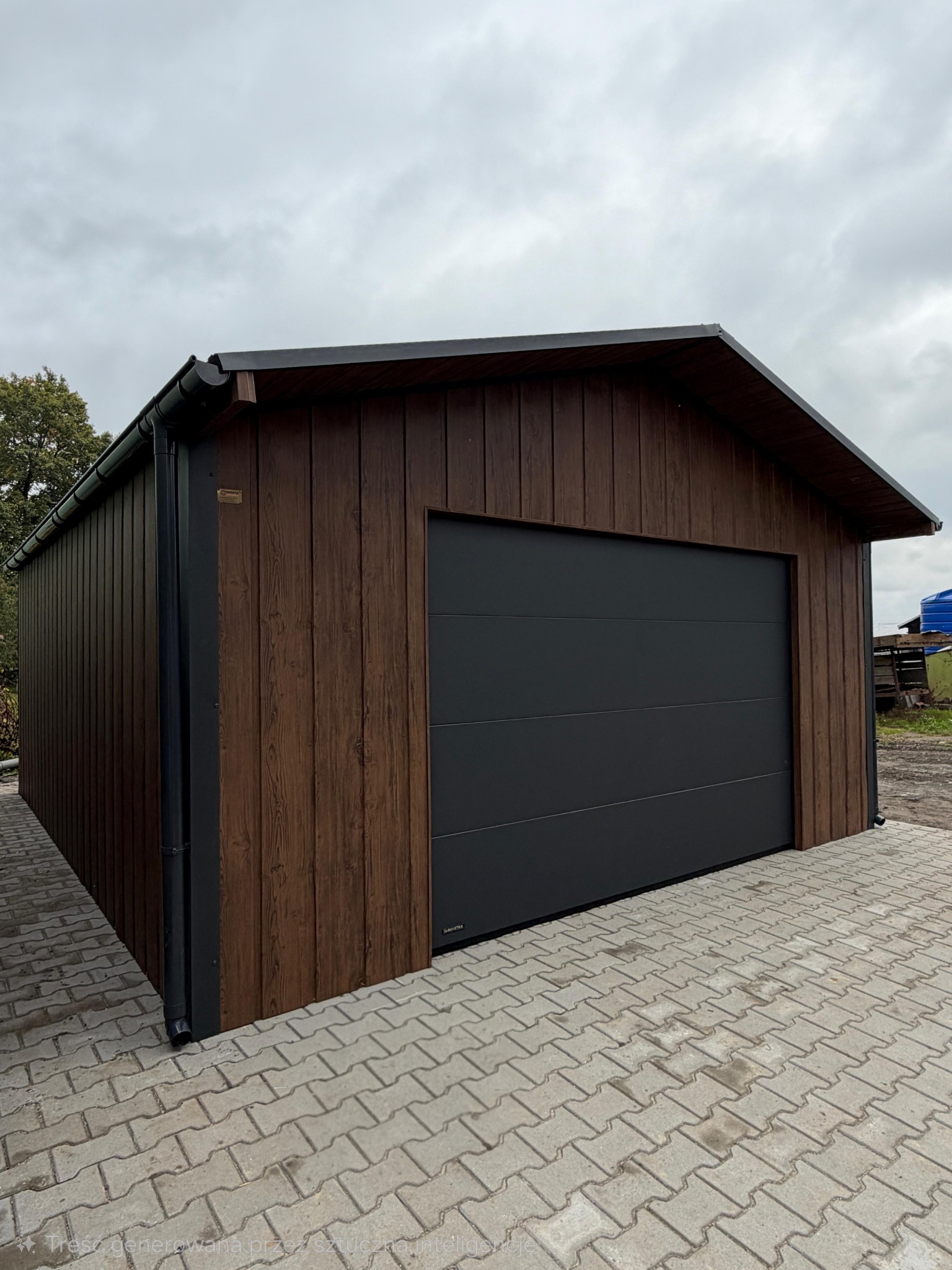 Nowoczesny garaż z brązową elewacją imitującą drewno i antracytową bramą segmentową, na kostce brukowej. Widok z boku, pochmurne niebo.