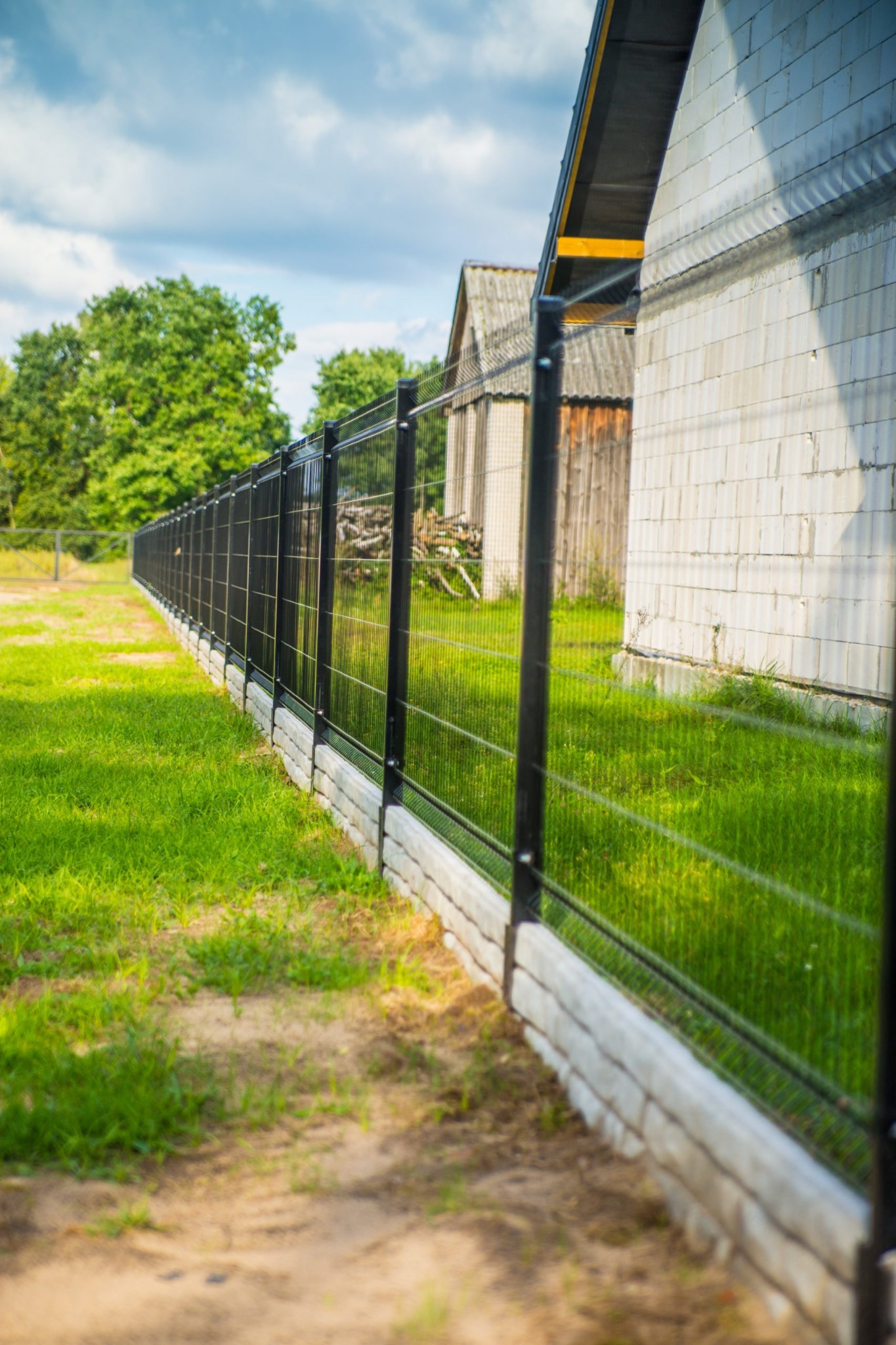 Długi, czarny panelowy płot na betonowej podmurówce, biegnący wzdłuż zielonego trawnika. W tle budynek z białego pustaka i drewniana szopa. Słoneczny dzień.