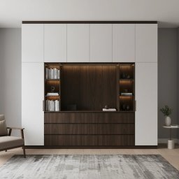 VitiukMeble - Nowoczesna szafa wnękowa z białymi frontami i drewnianymi elementami, wbudowane półki z oświetleniem, minimalistyczny design, dywan w odcieniach szarości.