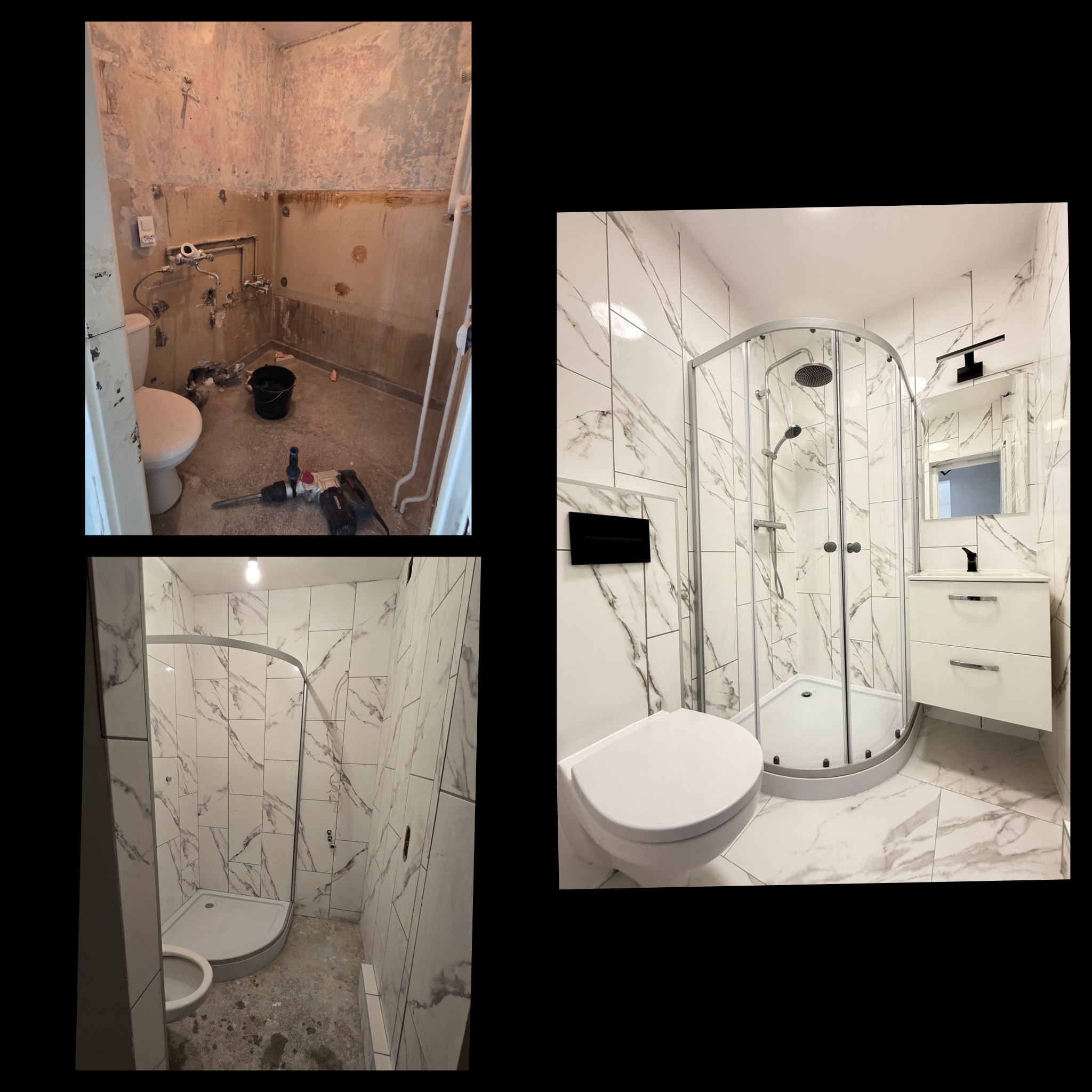 Fotografia przedstawia metamorfozę łazienki: stan przed remontem i po remoncie. Widoczne nowe białe płytki z szarym wzorem marmuru, kabina prysznicowa i umywalka z szafką.