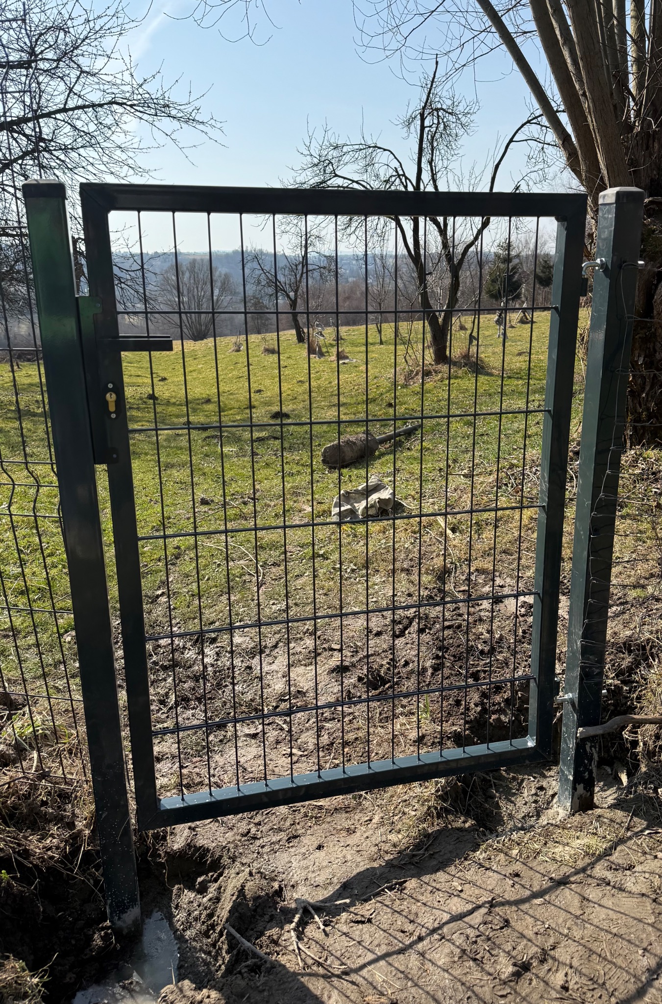 Nowa, metalowa furtka panelowa z zamkiem, świeżo zamontowana w ziemi na tle zielonego wzgórza i błękitnego nieba w słoneczny dzień. Widoczne ślady montażu.