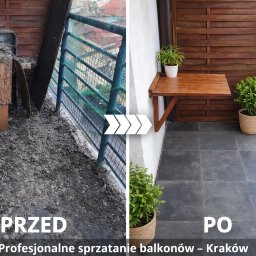 Svitlana Demianenko - Zdjęcie balkonu przed i po sprzątaniu: zanieczyszczona podłoga i zagracona przestrzeń kontra czysta podłoga z drewnianym stolikiem i roślinami w doniczkach.