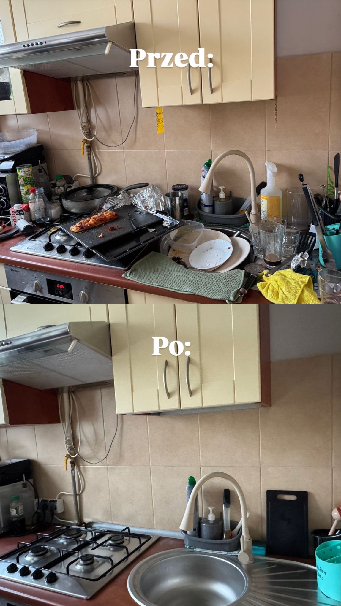 Kuchenny kadr 'przed i po': zagracony blat z brudnymi naczyniami i resztkami jedzenia kontra czysty, uporządkowany blat z umytym zlewem i kuchenką.