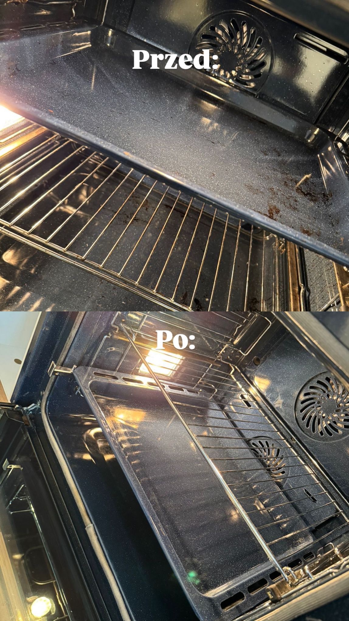 Zdjęcie 'przed i po' przedstawia wnętrze piekarnika: górna część z zabrudzeniami, dolna po czyszczeniu, z błyszczącymi elementami. Widoczne ruszty i wentylator.