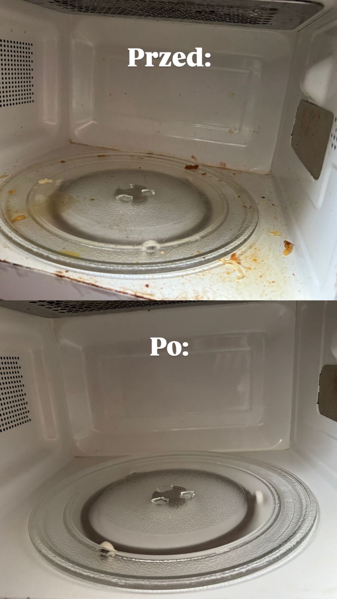 Zdjęcie przedstawia wnętrze kuchenki mikrofalowej przed i po czyszczeniu. Widoczne zabrudzenia i resztki jedzenia w górnej części oraz czysta powierzchnia w dolnej części.