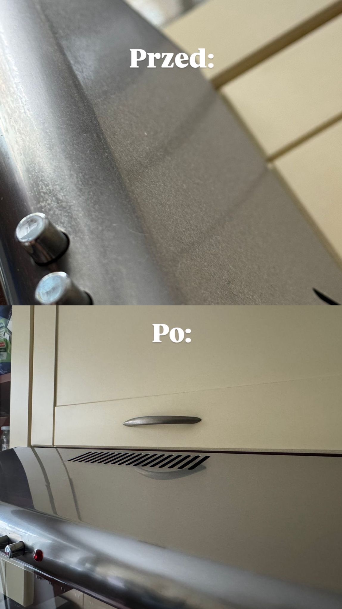 Zdjęcie 'przed i po' czyszczenia okapu kuchennego. Górna część ukazuje zabrudzoną powierzchnię, dolna - lśniącą, wyczyszczoną powierzchnię okapu pod szafkami.