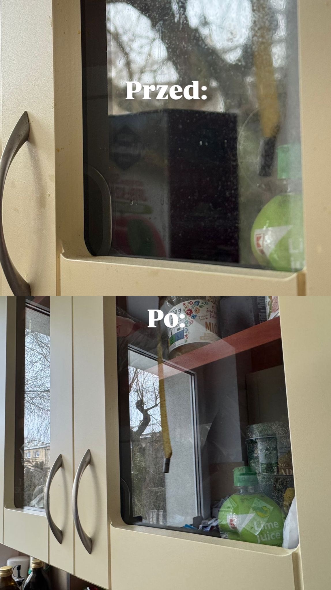 Zdjęcie okna w szafce kuchennej przed i po umyciu. Widoczne różnice w czystości szyby i otoczenia. Ujęcie z bliska, z widocznymi detalami zabrudzeń i odbiciami.