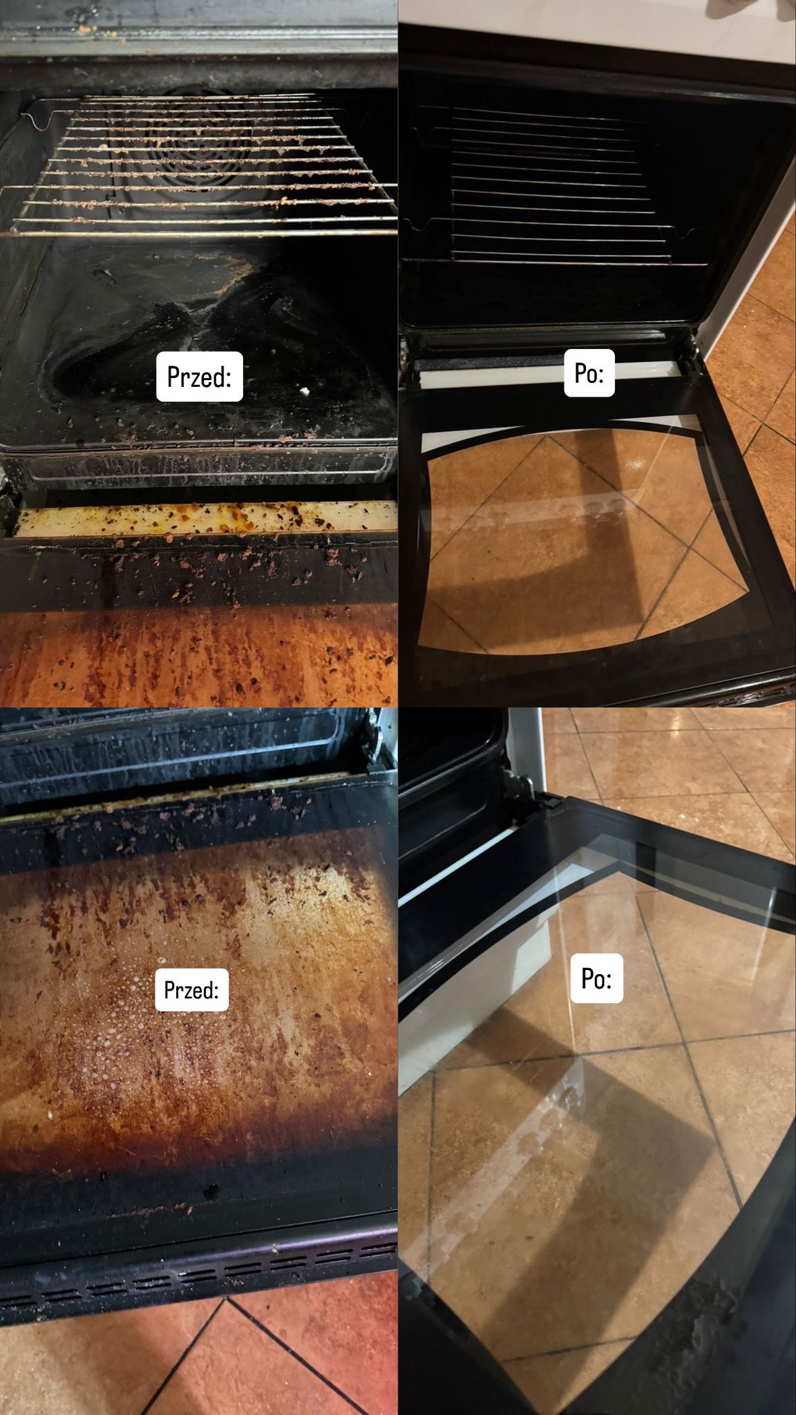 Zdjęcie 'przed i po' przedstawia wnętrze piekarnika: brudny ruszt i dno piekarnika z przypaleniami, a obok czysty ruszt i lśniące dno piekarnika po czyszczeniu.