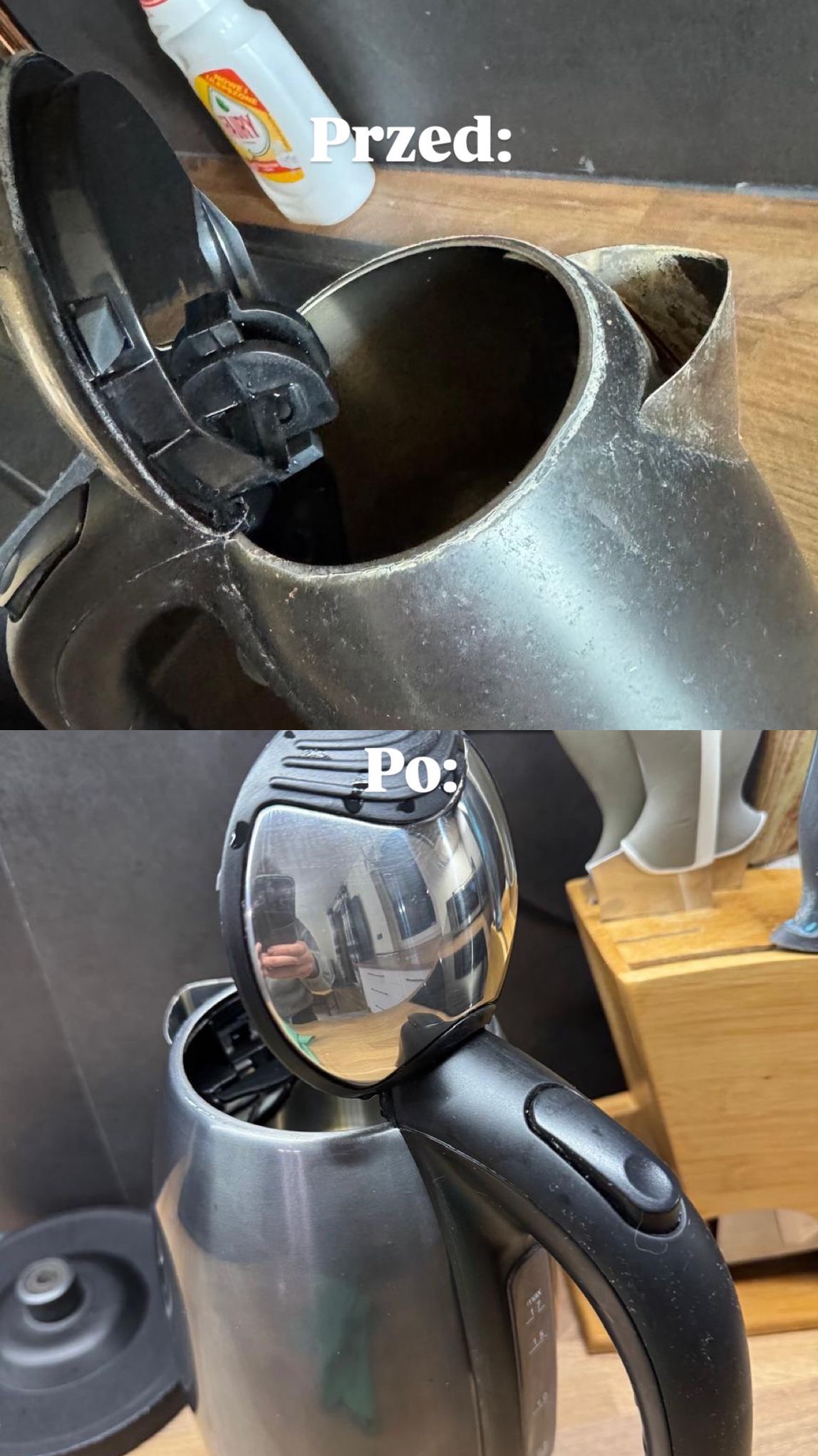 Czajnik elektryczny: ujęcie 'przed i po' czyszczeniu. Górna część pokazuje wnętrze z osadem, dolna - lśniące, wyczyszczone wnętrze i obudowę.