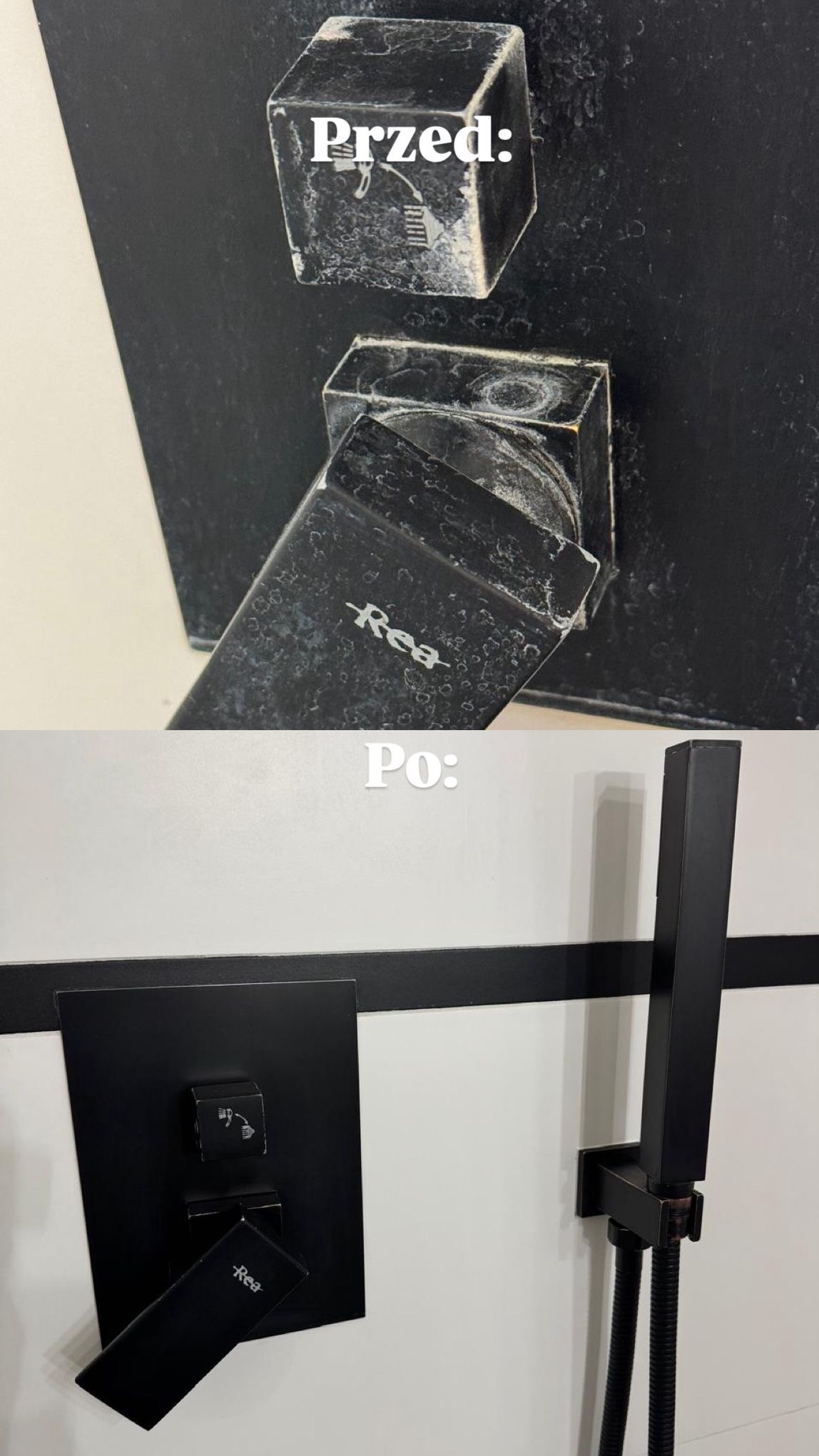 Czyszczenie armatury łazienkowej: porównanie stanu 'przed' z osadami i 'po' - czysta, matowa, czarna bateria prysznicowa marki Rea na białej ścianie z czarnym akcentem.