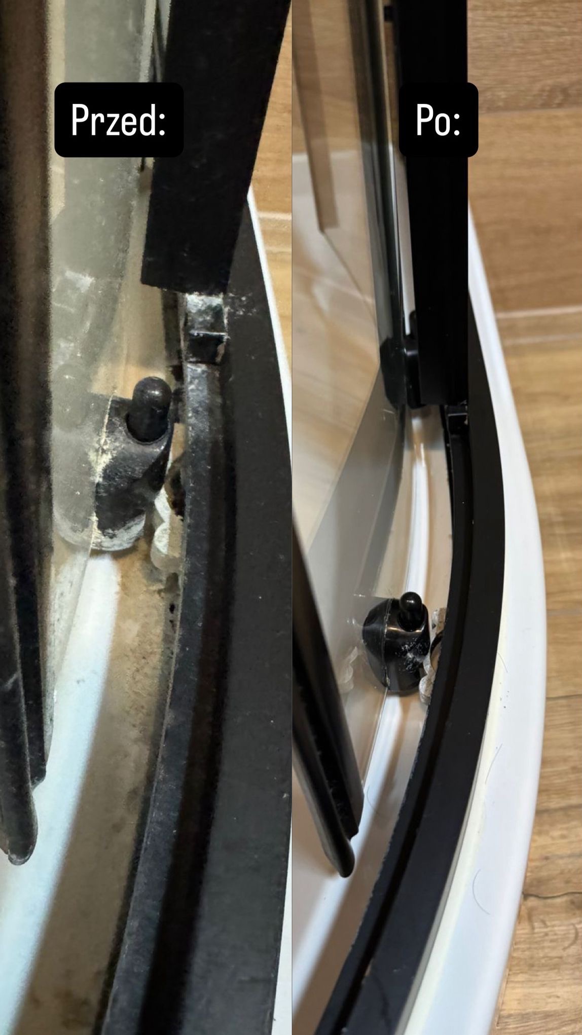 Kabina prysznicowa: fragment uszczelki przed czyszczeniem (zabrudzona osadem) i po czyszczeniu (czysta). Efekt 'przed i po' na jasnym tle.