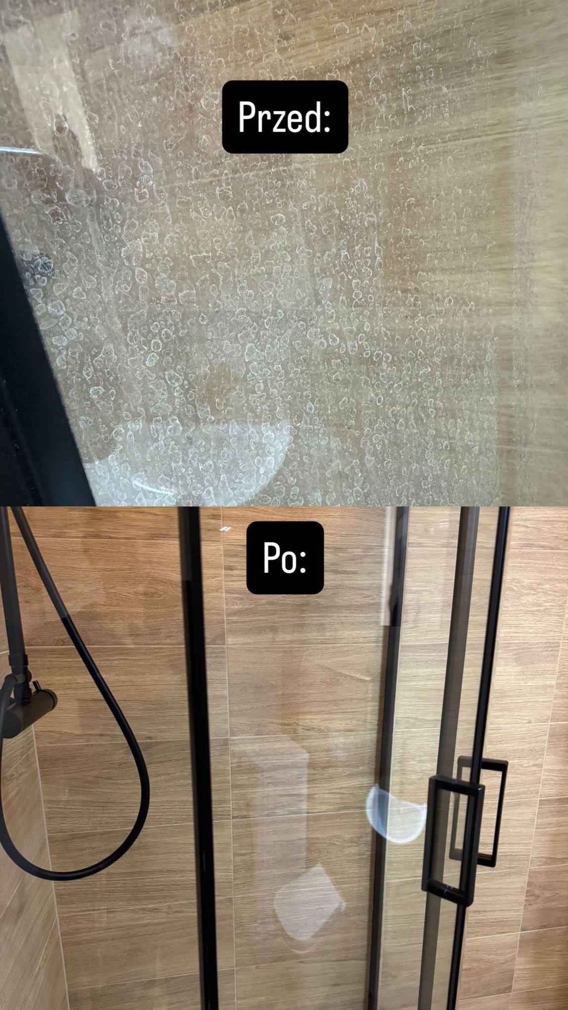 Kabina prysznicowa: widok przed i po czyszczeniu. Na górze osad z kamienia, na dole czysta szyba z czarną armaturą i uchwytem. Płytki imitujące drewno w tle.