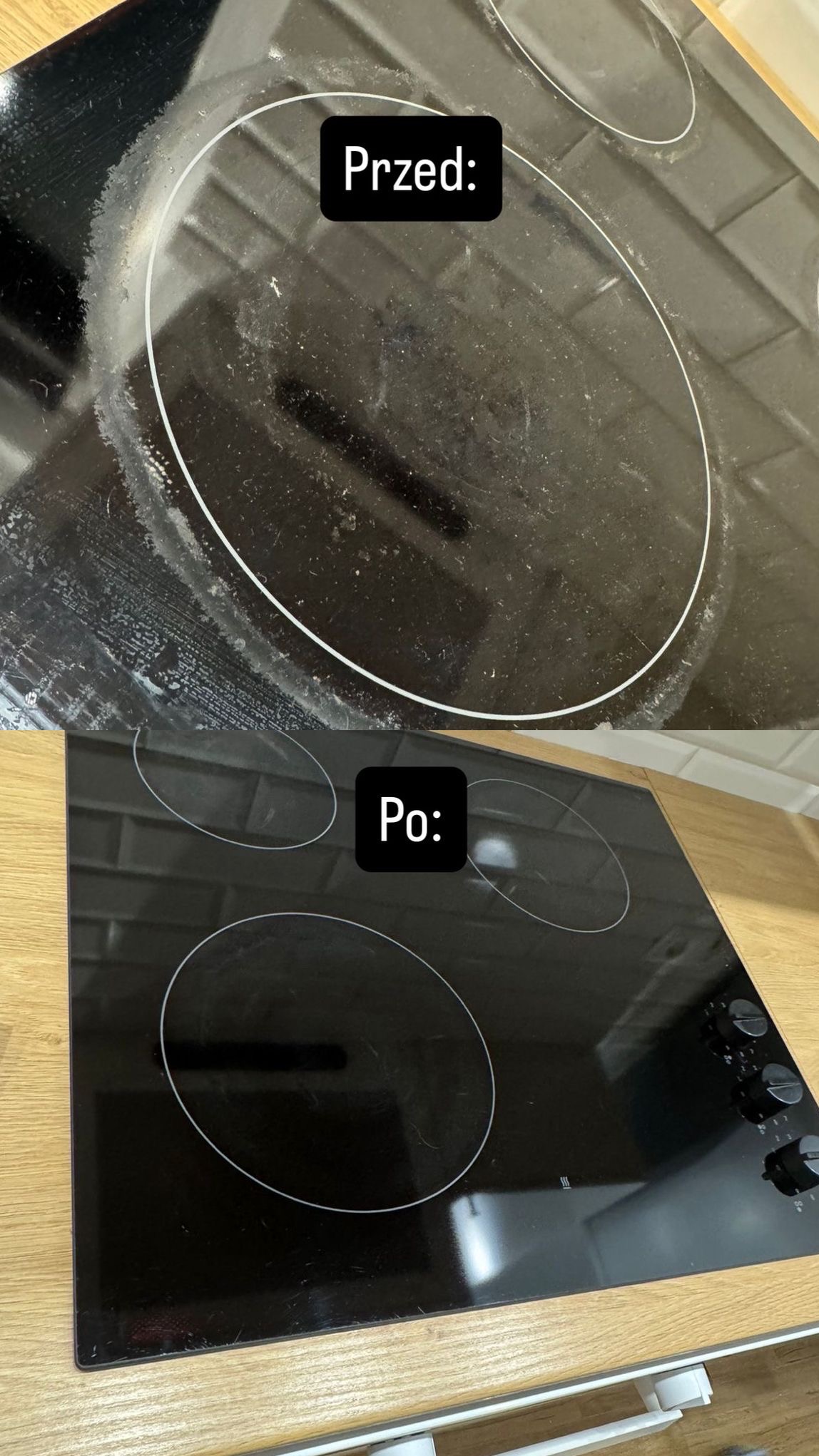 Płyta indukcyjna: widok przed i po czyszczeniu. Górna część zabrudzona, dolna lśniąca czystością. Kontrastowe ujęcie prezentuje efekt sprzątania.