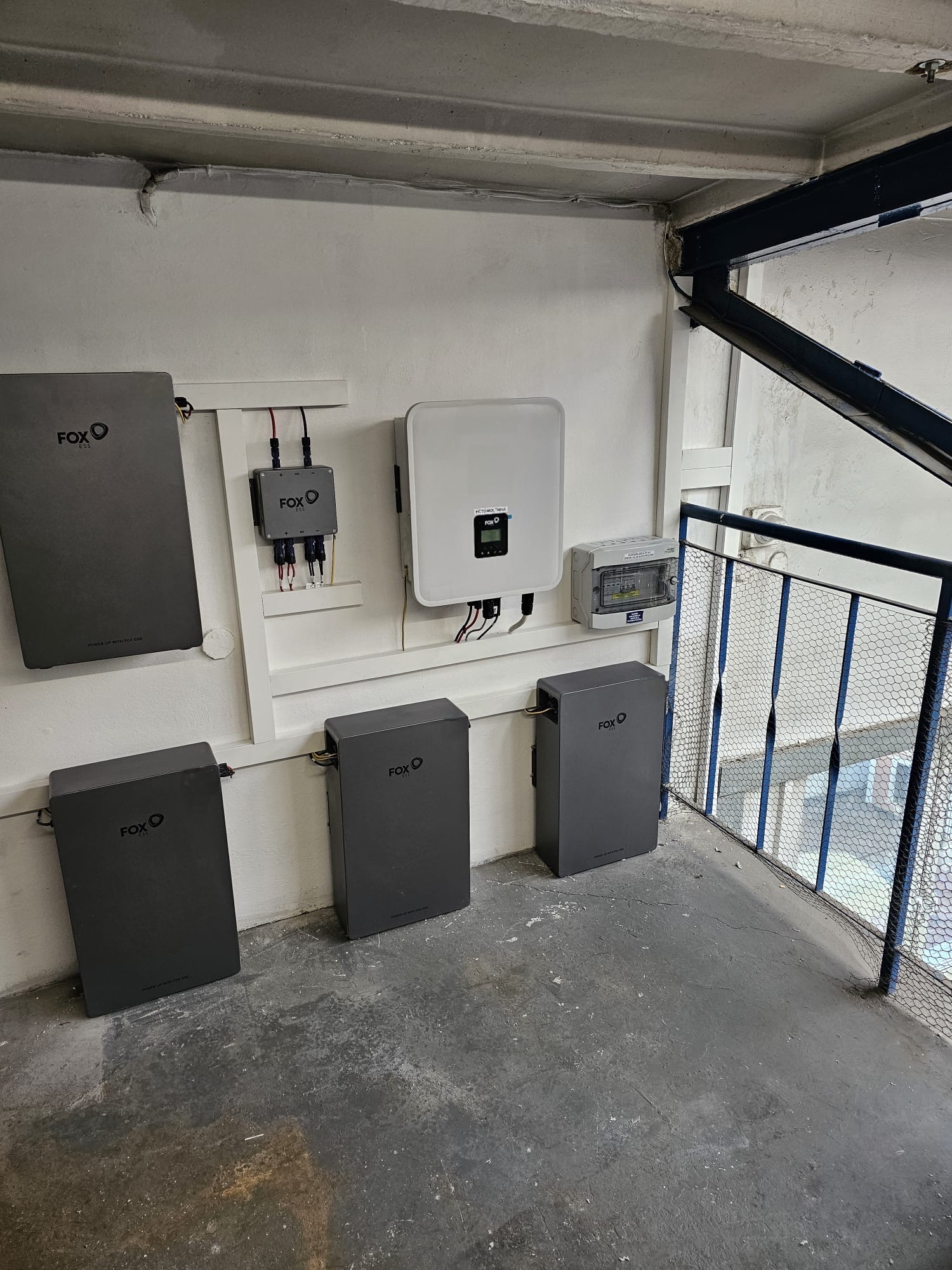 Instalacja magazynów energii Fox ESS w pomieszczeniu technicznym, widoczne moduły na ścianie i podłodze, skrzynka rozdzielcza, barierka zabezpieczająca.