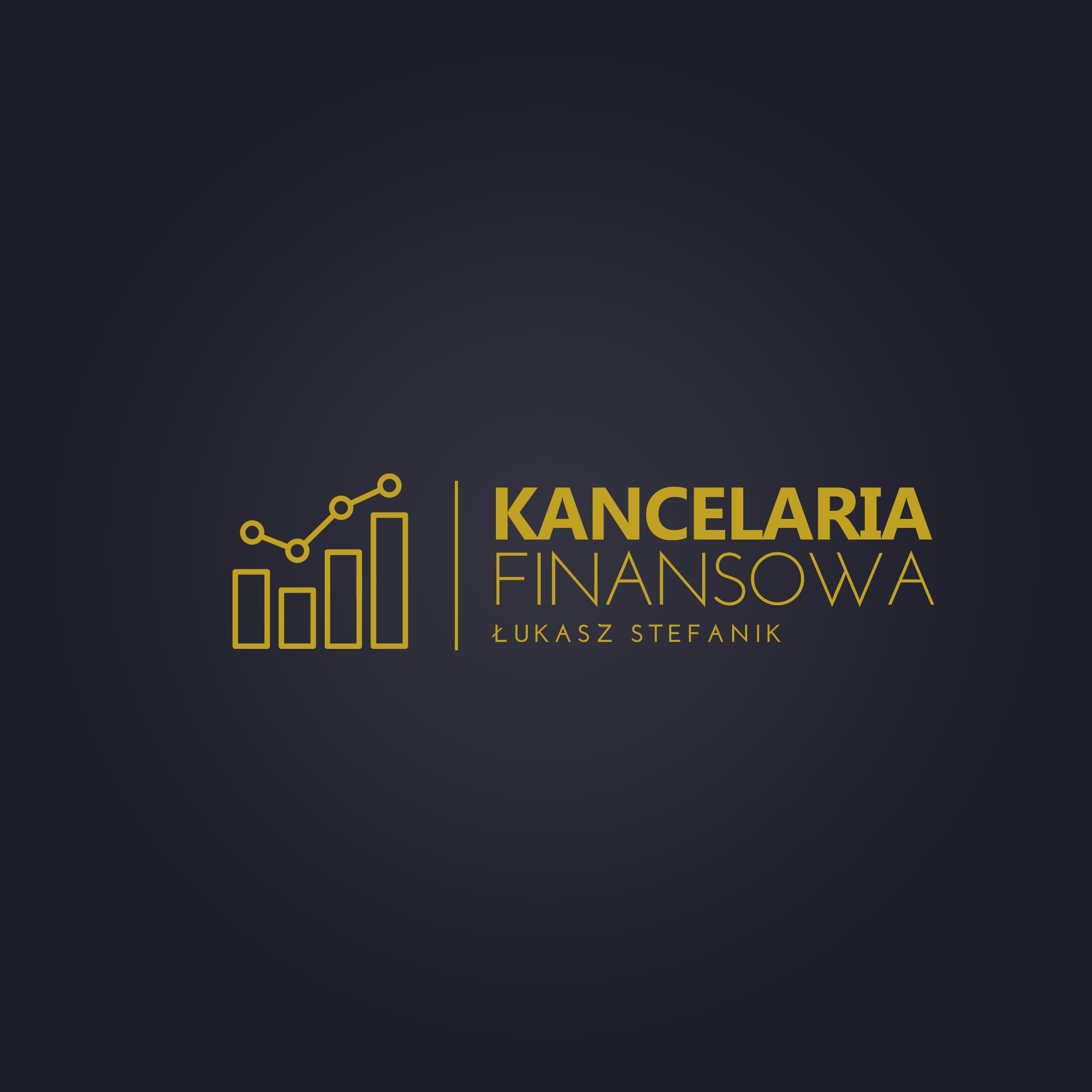 Logo Kancelarii Finansowej Łukasz Stefanik z wykresem wzrostu na ciemnym tle. Minimalistyczny design w odcieniach złota.