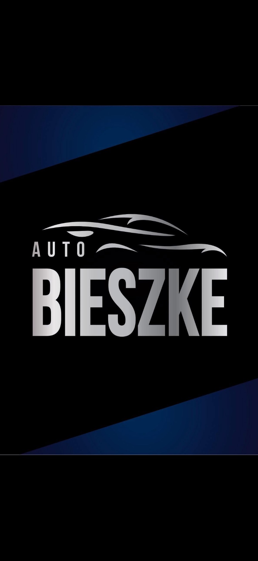 Eleganckie logo firmy motoryzacyjnej 'Auto Bieszke' na czarnym tle z granatowymi akcentami. Stylizowany srebrny kontur samochodu nad nazwą firmy.