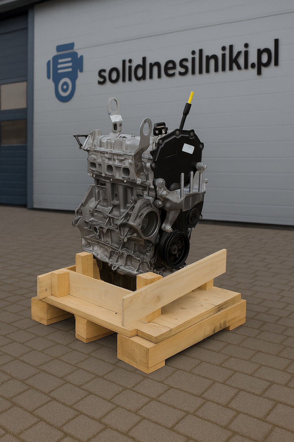 Szary silnik samochodowy na drewnianej palecie, z widocznym logo firmy 'solidnesilniki.pl' w tle, prezentowany w warsztacie.