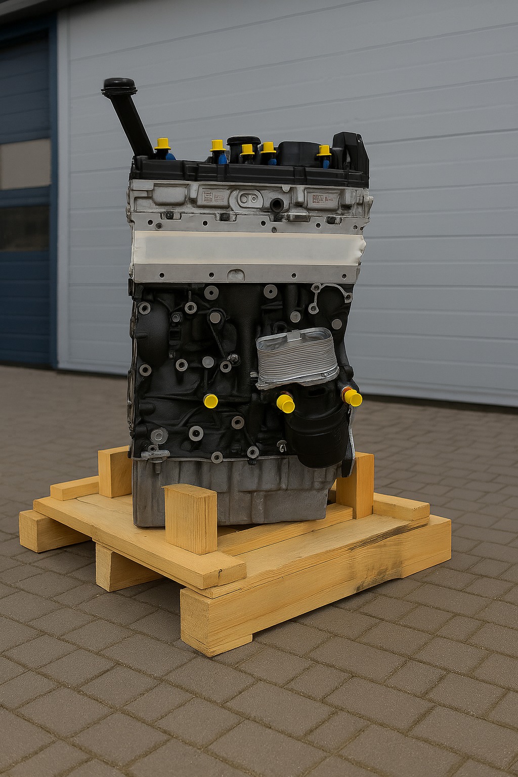 Silnik samochodowy, czarno-srebrny, z żółtymi elementami, umieszczony na drewnianej palecie na tle szarej ściany z drzwiami. Widok z przodu, ostre światło.