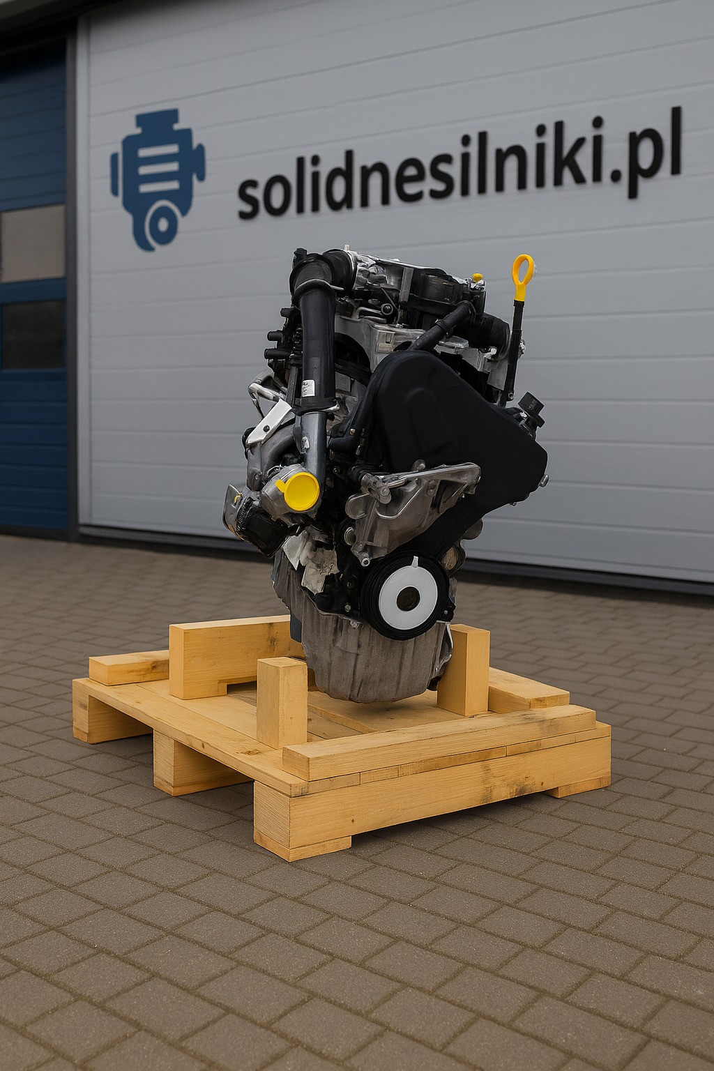 Silnik samochodowy na drewnianej palecie, z logo solidnesilniki.pl w tle. Widoczne detale silnika, w tym żółte elementy i czarna obudowa. Ujęcie z bliska, na zewnątrz.