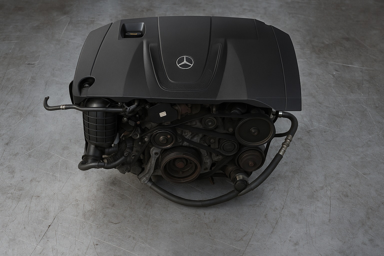 Czarny silnik Mercedes-Benz z widocznymi paskami, kołami pasowymi i przewodami, umieszczony na szarym, teksturowanym tle. Widoczne logo Mercedes-Benz.