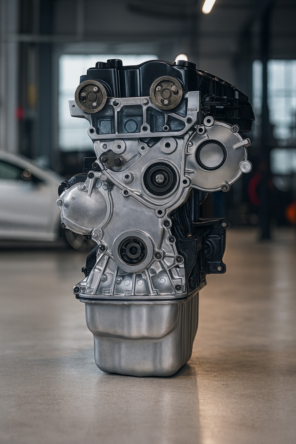 Silnik samochodowy po regeneracji w warsztacie w Krakowie. Widoczne detale konstrukcyjne, czyste powierzchnie i dbałość o szczegóły.