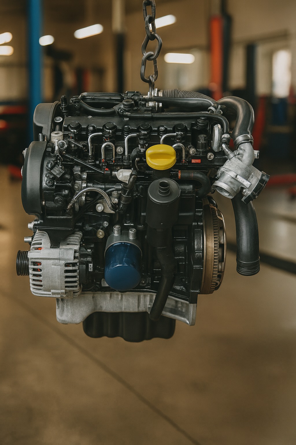 Silnik samochodowy zawieszony na łańcuchu w warsztacie. Widoczne elementy: alternator, filtr oleju, turbosprężarka. Żółty korek wlewu oleju dodaje koloru.