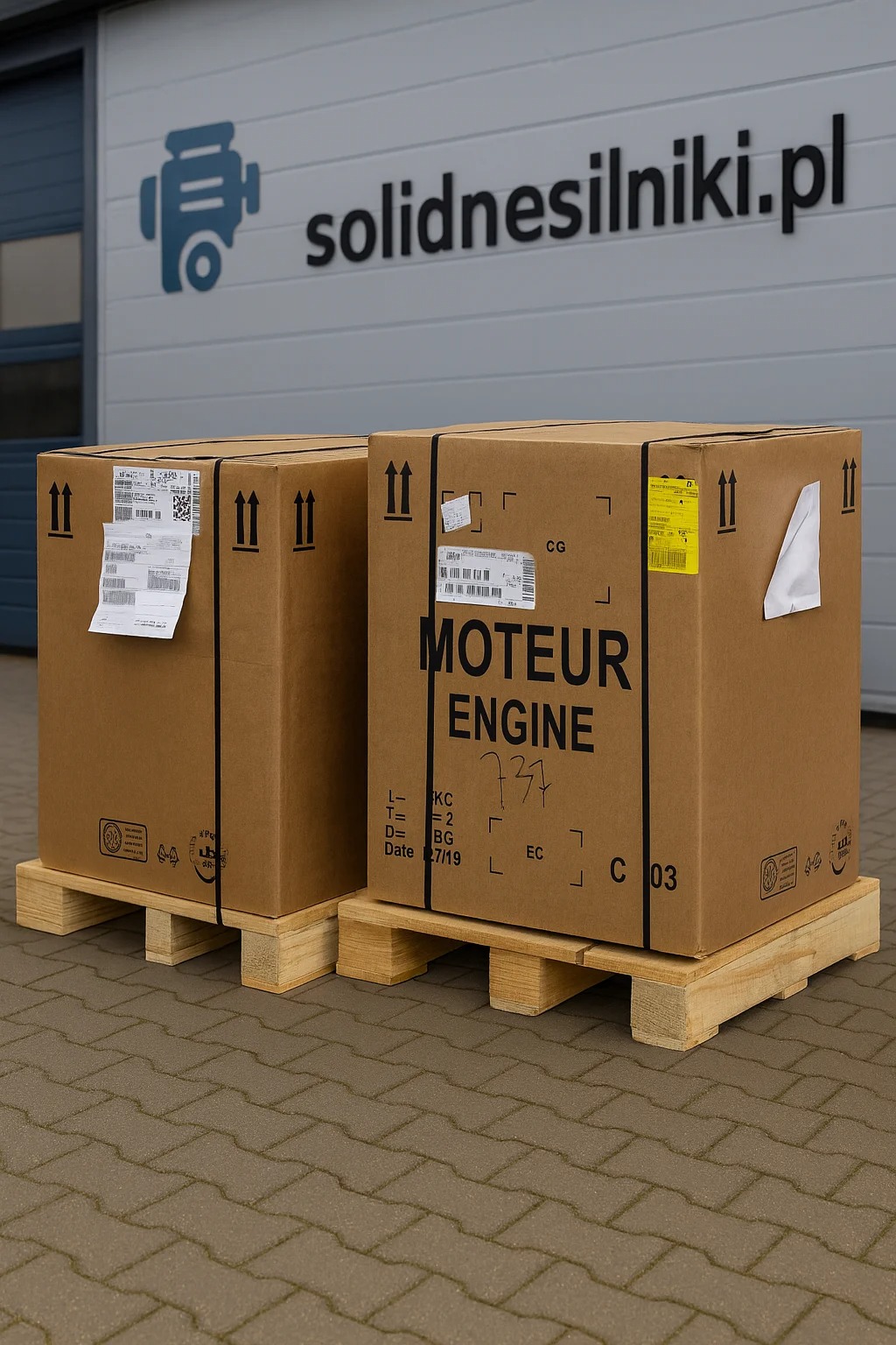 Dwie kartonowe paczki z napisem 'MOTEUR ENGINE' na drewnianych paletach, na tle budynku z logo solidnesilniki.pl.
