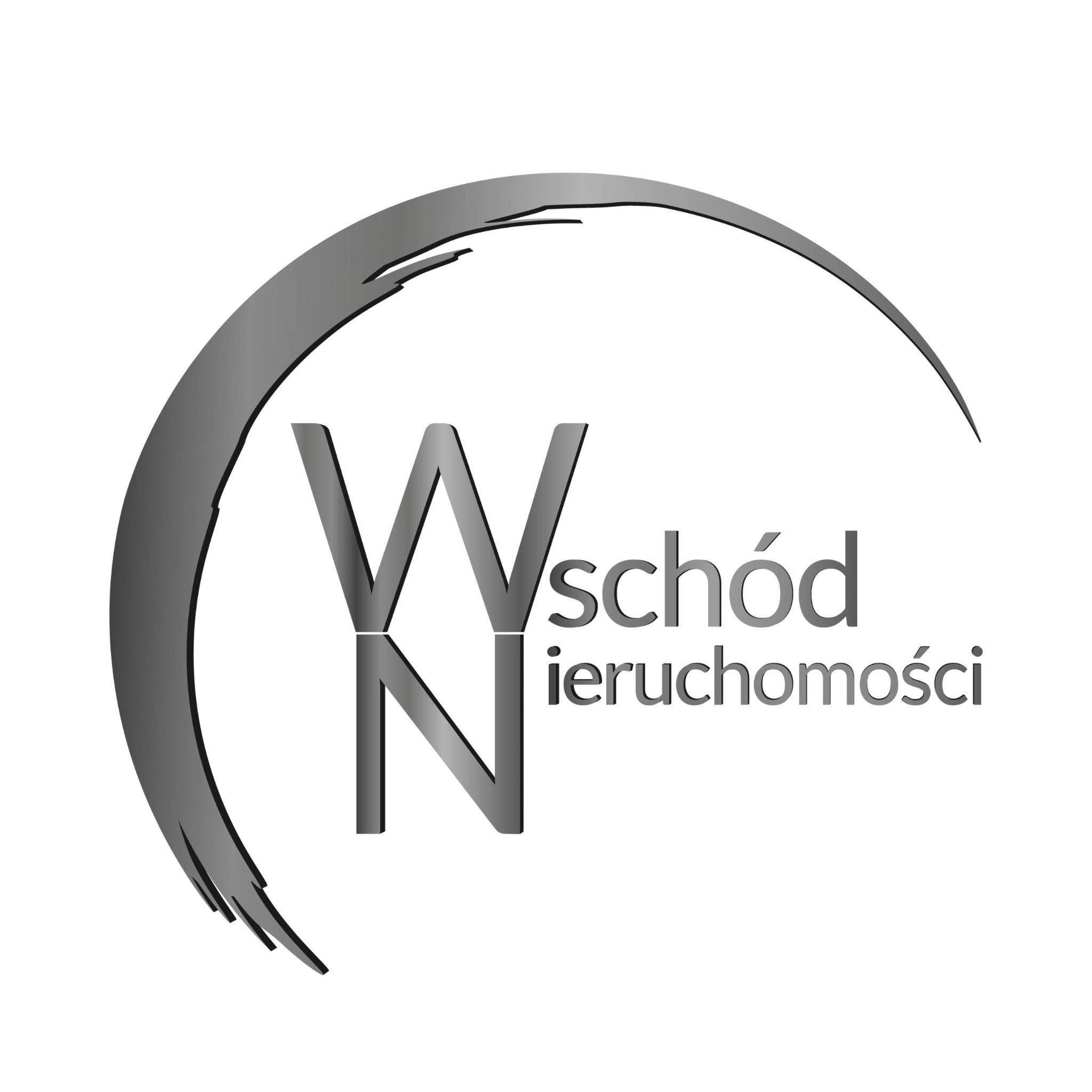 Eleganckie logo firmy Wschód Nieruchomości w odcieniach szarości, z motywem półkola i wyraźnym napisem. Minimalistyczny design na białym tle.