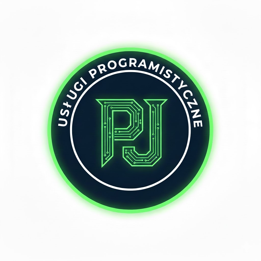 Logo usług programistycznych: zielone litery PJ w stylu obwodu drukowanego na ciemnym tle, otoczone białym okręgiem i zielonym pierścieniem z napisem.