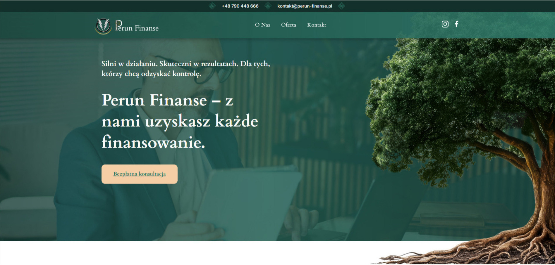 Strona internetowa Perun Finanse z hasłem 'z nami uzyskasz każde finansowanie' i przyciskiem 'Bezpłatna konsultacja'. W tle wizerunek doradcy i drzewo.