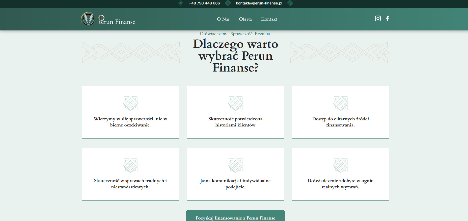 Strona internetowa Perun Finanse z hasłem 'Dlaczego warto wybrać Perun Finanse?' i opisem wartości firmy. Stonowana kolorystyka, minimalistyczny design.