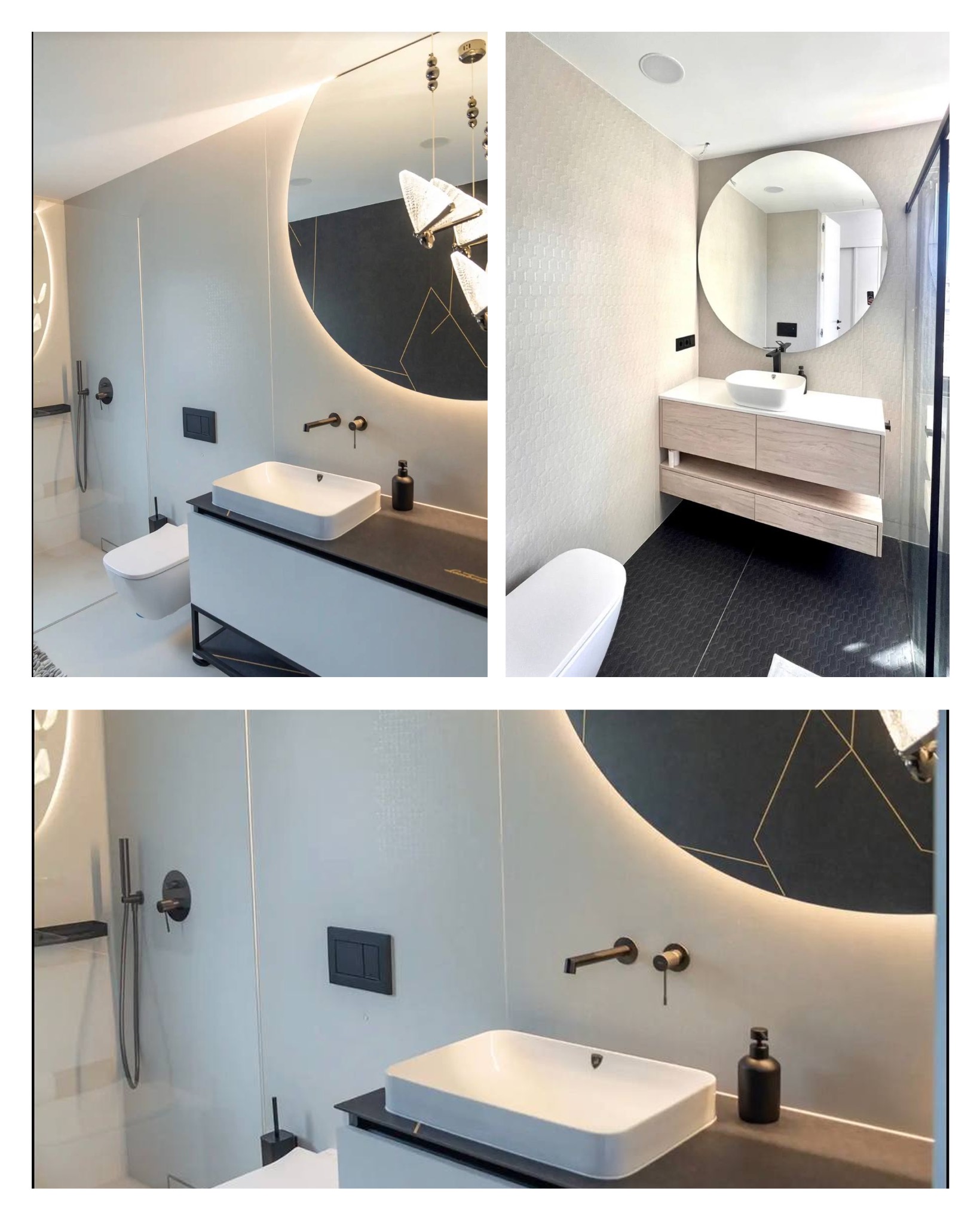 Nowoczesna łazienka po remoncie: okrągłe lustro z podświetleniem LED, biała umywalka nablatowa, czarna armatura, heksagonalna podłoga i wzorzyste płytki ścienne.