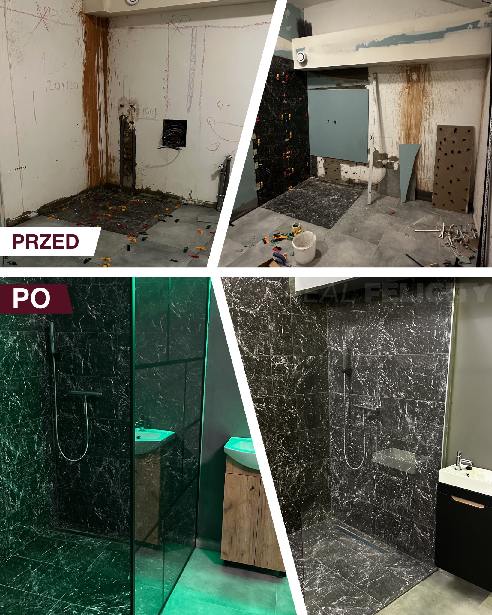 Remont łazienki: kolaż 'przed' i 'po' z czarnymi płytkami imitującymi marmur, kabiną prysznicową i umywalką z szafką. Widoczne etapy prac glazurniczych.