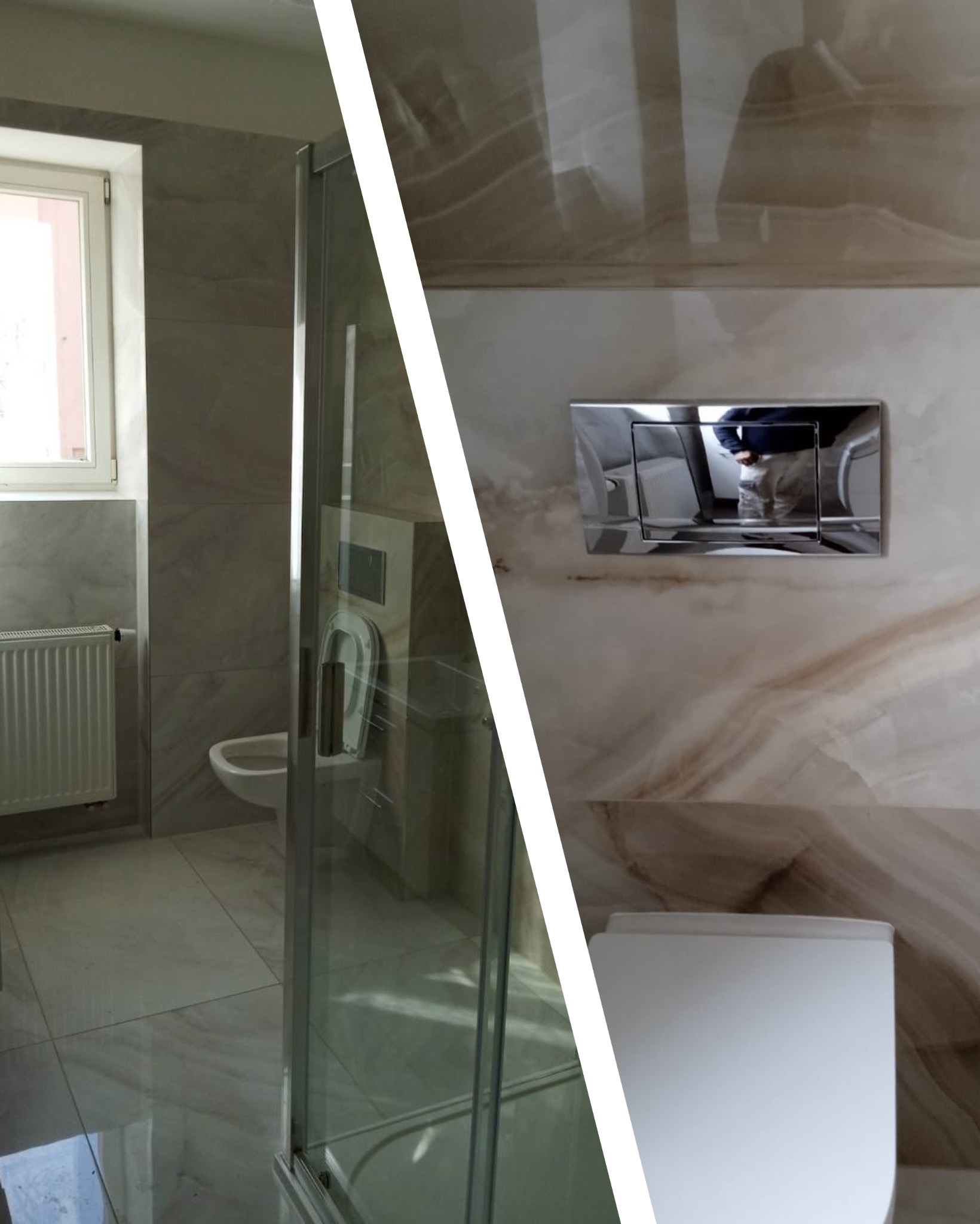 Remont łazienki: Po lewej kabina prysznicowa i grzejnik, po prawej toaleta podtynkowa z chromowanym przyciskiem na ścianie z marmurowym wzorem.