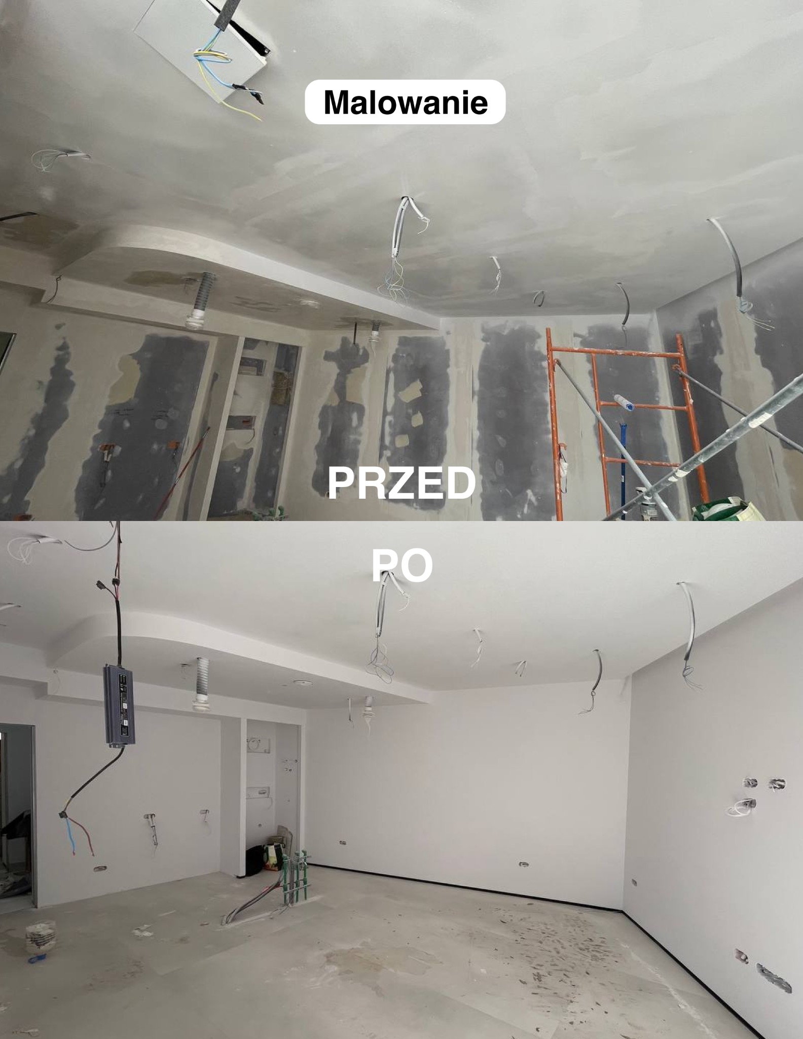 Zdjęcie 'przed i po' malowania wnętrza. Górna część ukazuje surowy stan z widocznymi instalacjami, dolna prezentuje pomalowane, gładkie ściany i sufit w jasnym odcieniu.