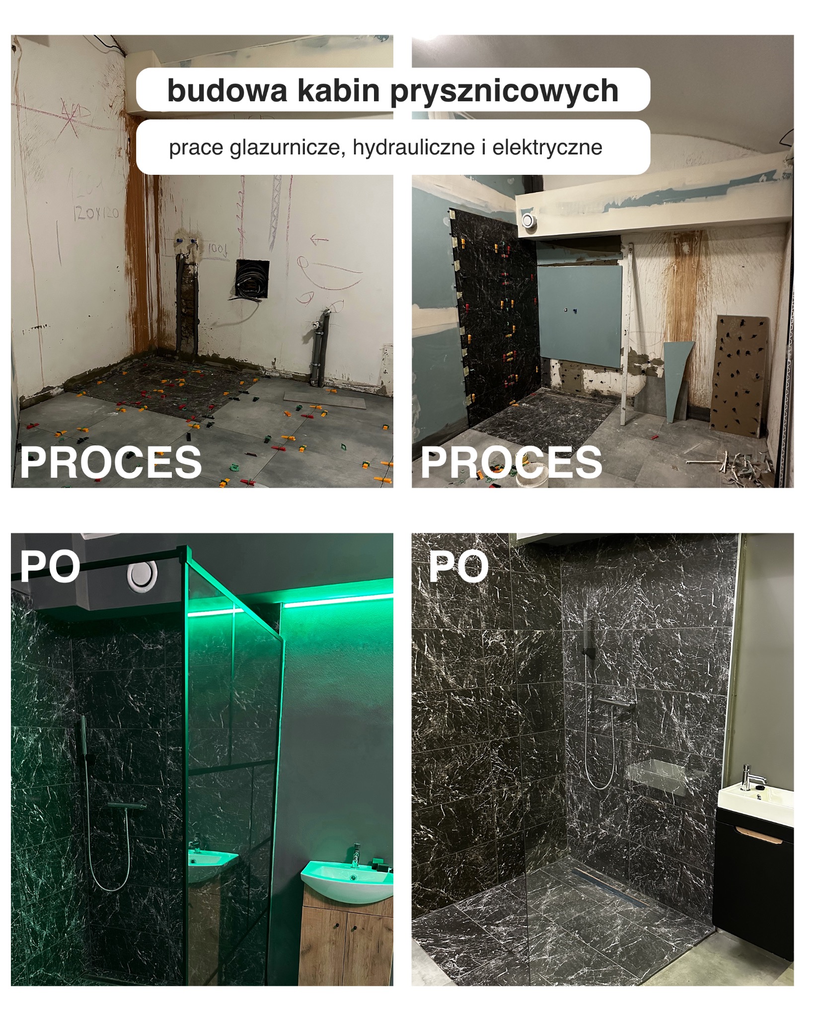 Budowa kabiny prysznicowej: etap prac glazurniczych, hydraulicznych i elektrycznych w zestawieniu z efektem końcowym. Czarno-białe płytki z wyraźnym wzorem.