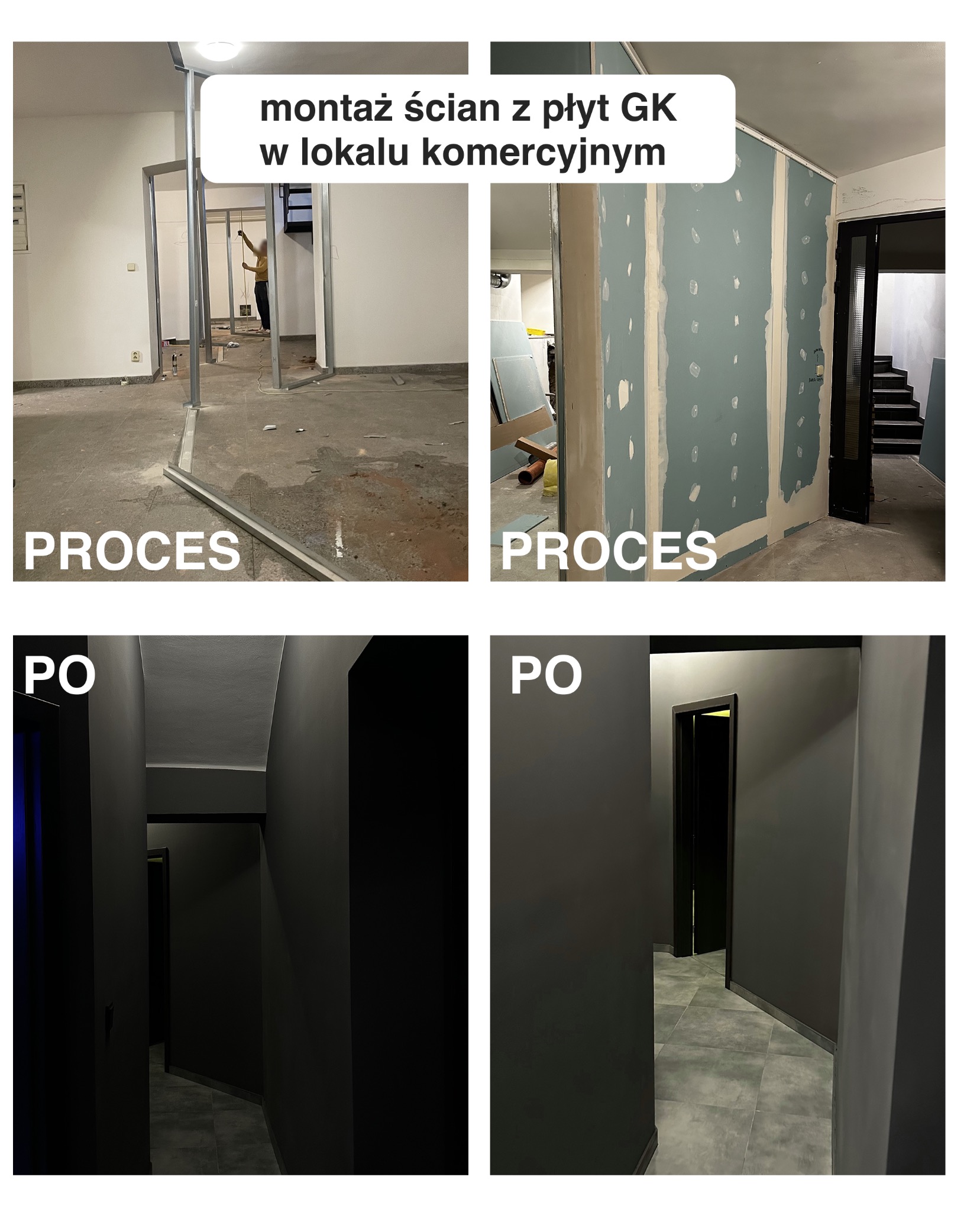 Montaż ścian z płyt GK w lokalu komercyjnym: etap budowy szkieletu i wykończone, pomalowane wnętrze. Układ 'przed i po' z widoczną różnicą w estetyce.