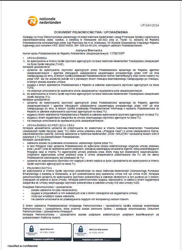 Potwierdzenie pełnomocnictwa - Nationale Nederlanen
