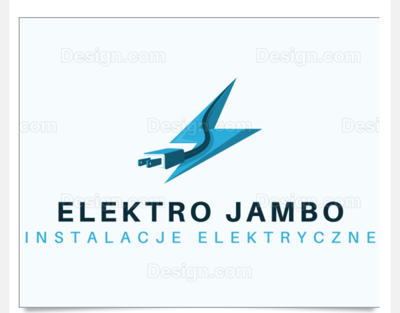 Logo firmy Elektro Jambo z symbolem błyskawicy w kształcie wtyczki, oferującej instalacje elektryczne. Jasne tło, błękitne elementy graficzne i tekst.