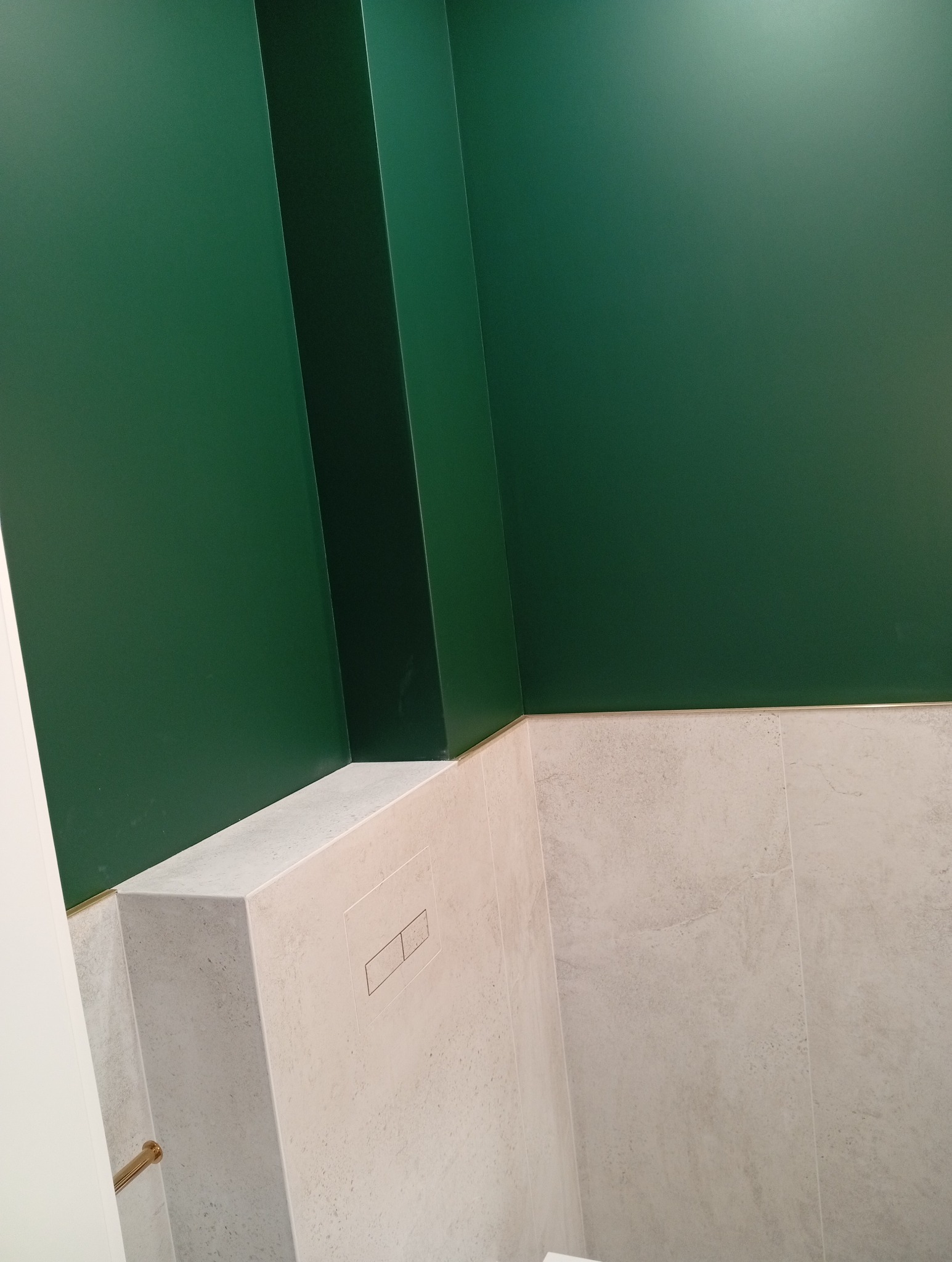 Nowoczesna łazienka z zielonymi ścianami i jasnymi płytkami. Widoczny fragment ściany z przyciskiem spłuczki. Minimalistyczny design i precyzyjne wykończenie.