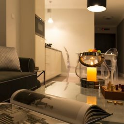 Błysk IIblask-Elzbieta Basty - Elegancki salon z szarą sofą, książką na szklanym stoliku, świecą w lampionie i szachami. W tle aneks kuchenny i lustro powiększające przestrzeń.