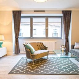 Błysk IIblask-Elzbieta Basty - Ustawny salon z szarą sofą, fotelem i wzorzystym dywanem. Okno z zasłonami w tle. Minimalistyczny design wnętrza po sprzątaniu, z dbałością o detale.