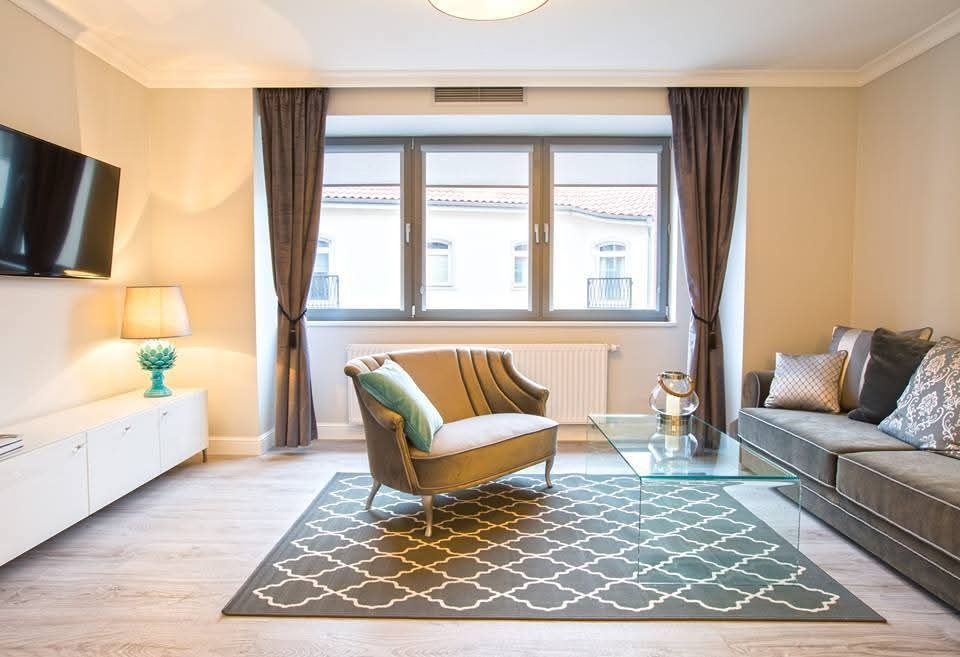 Ustawny salon z szarą sofą, fotelem i wzorzystym dywanem. Okno z zasłonami w tle. Minimalistyczny design wnętrza po sprzątaniu, z dbałością o detale.